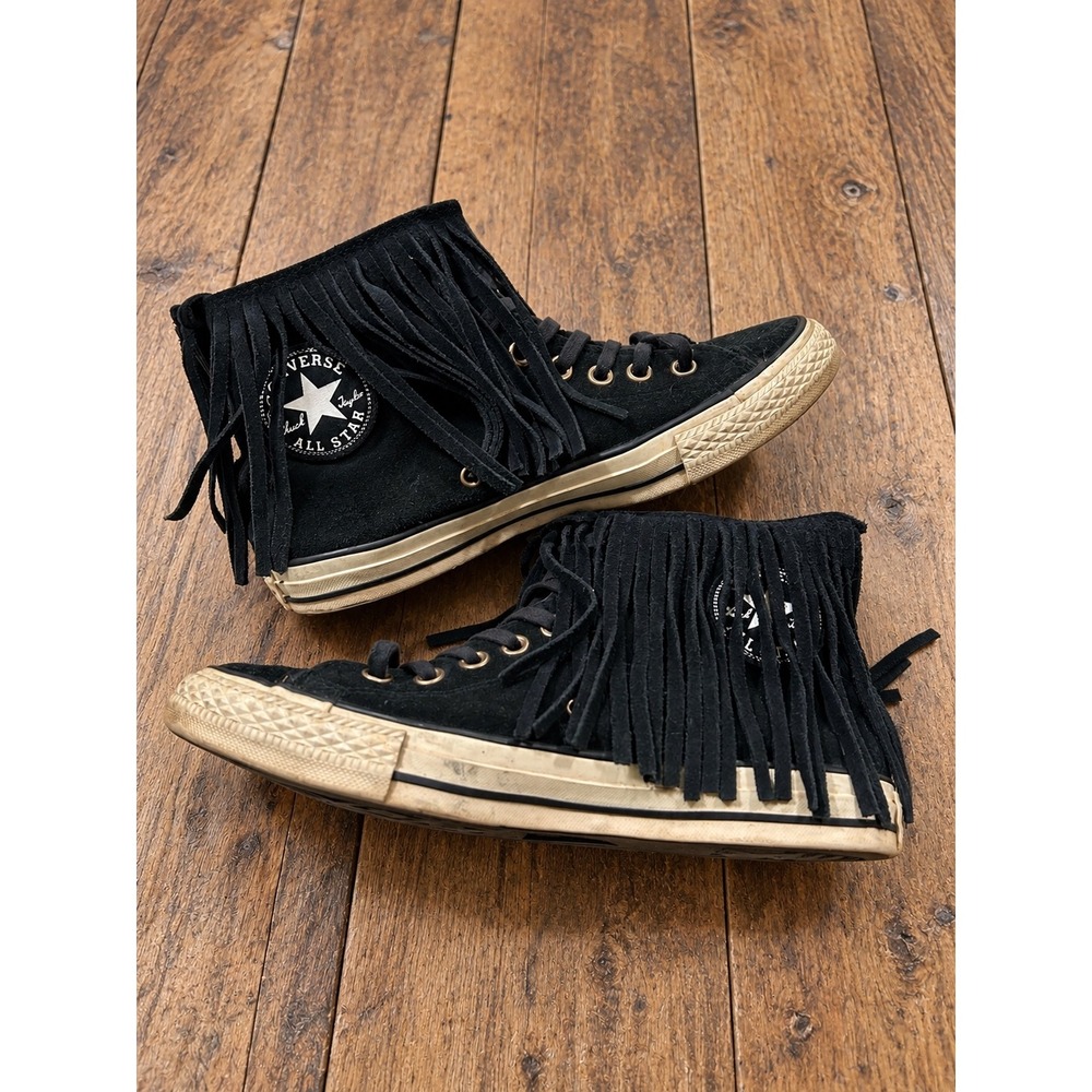 Converse Black Suede Fringe Back Zip High Top 9 Western Boho Indie Retro Fall